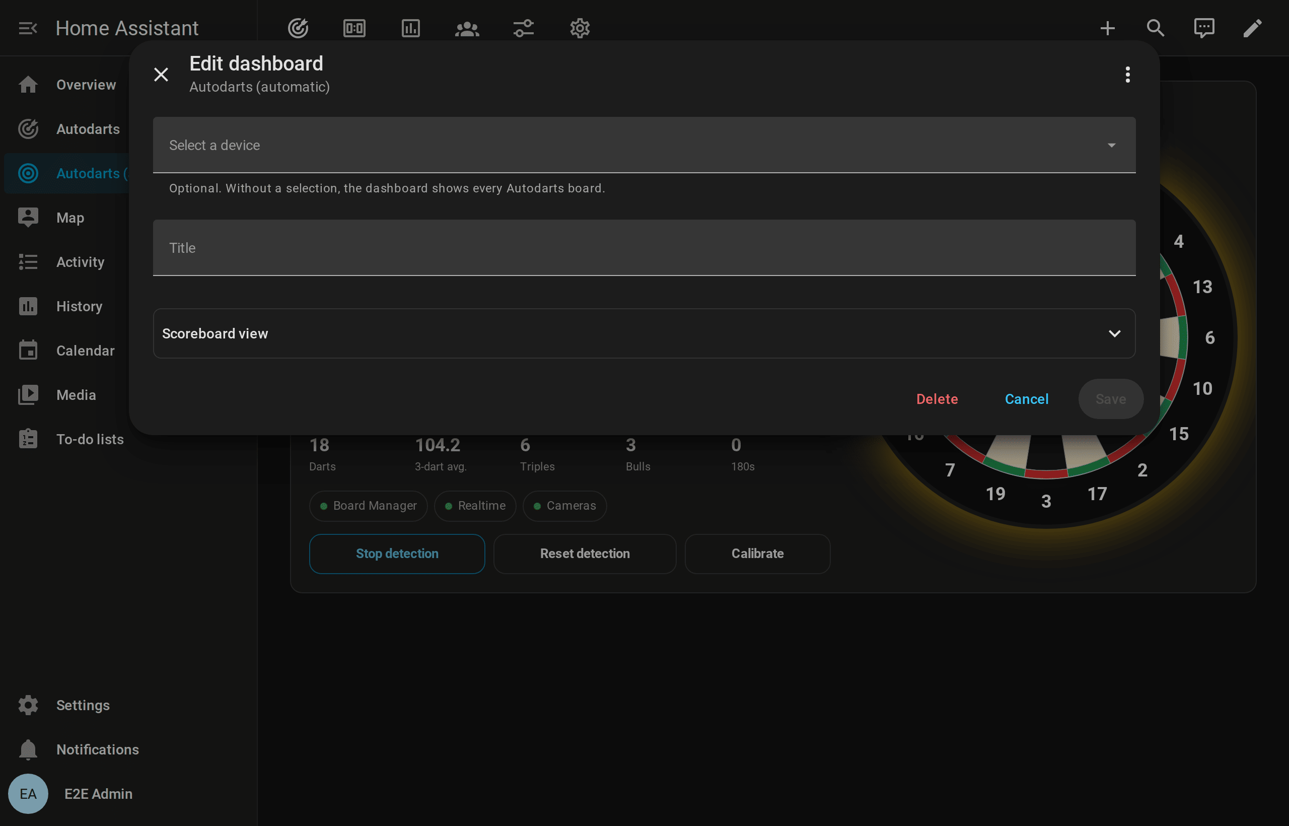 The editor of the automatic dashboard with the board and the title