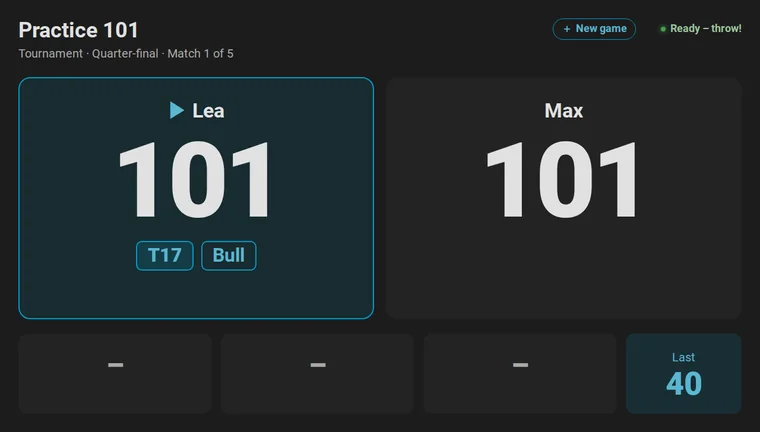 Animation: the knockout bracket of five players on the scoreboard. Lea beats Max in the quarter-final and slides into the semi-final; Alex beats Lea and goes into the final, Lea into the match for third place; Kim beats Sam, Lea takes third place and Alex wins the final