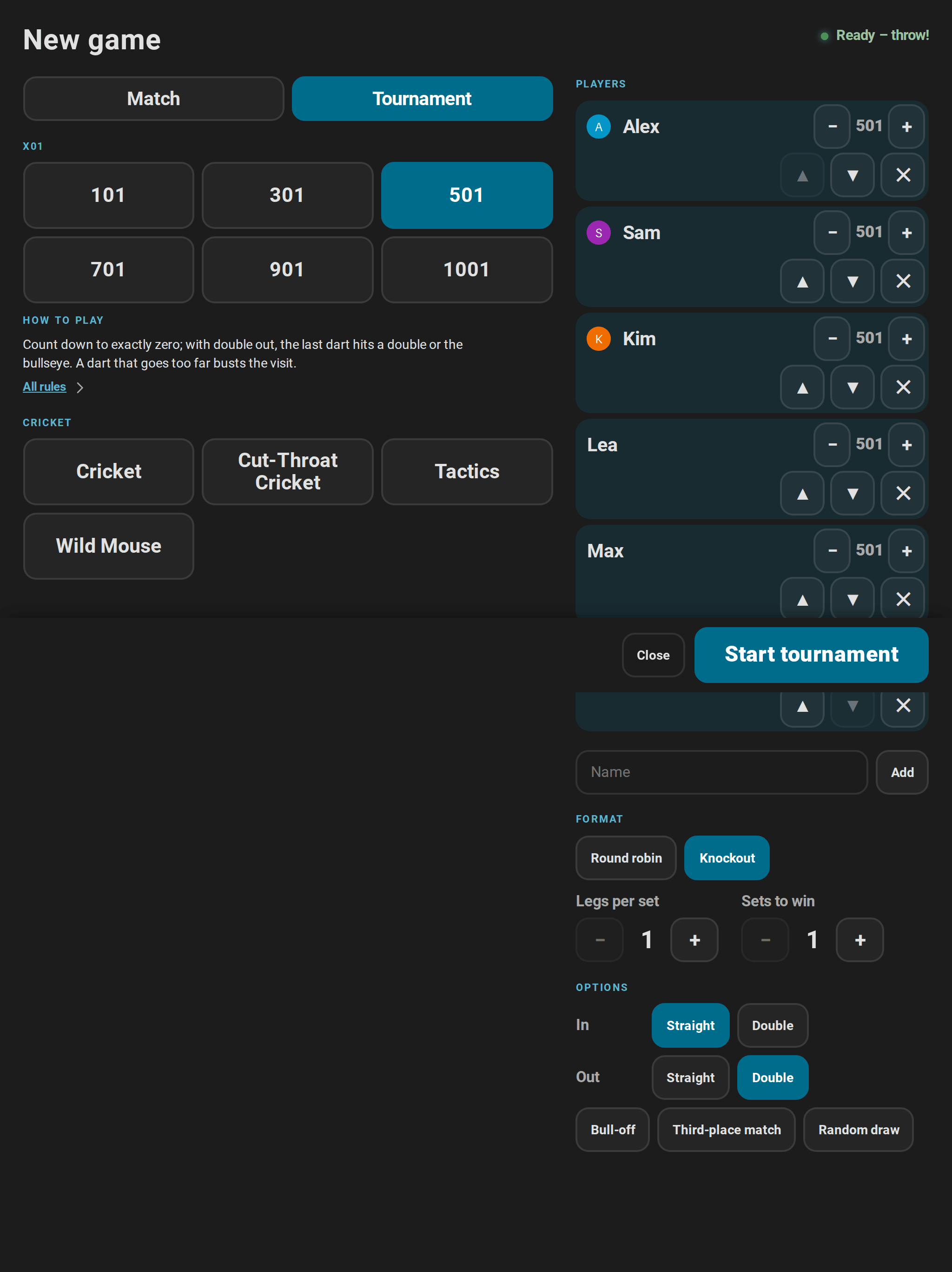 The new game screen in tournament mode: X01 and the Cricket games, six players with their start scores, knockout with the match for third place, and the start button