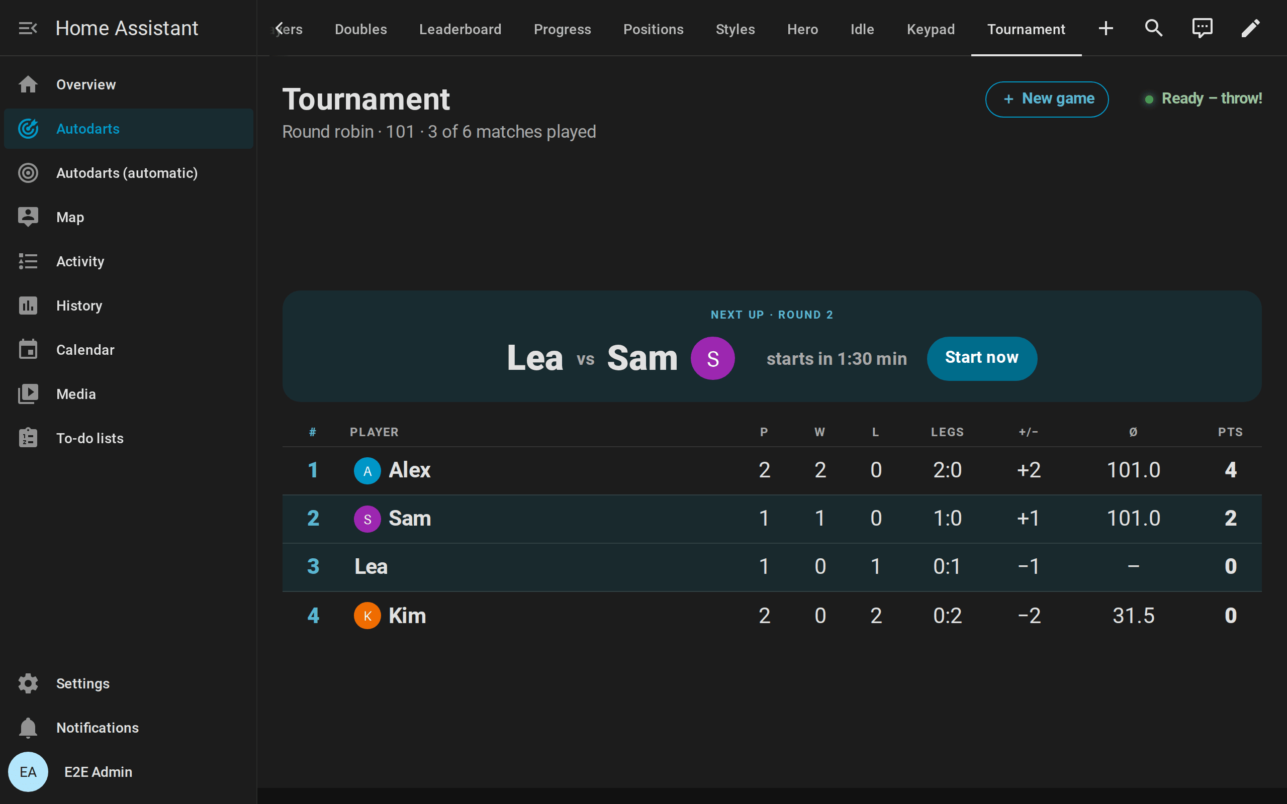 The round robin of four players on the scoreboard between two matches: next up Lea against Sam with a countdown, and the table with Alex first on 4 points