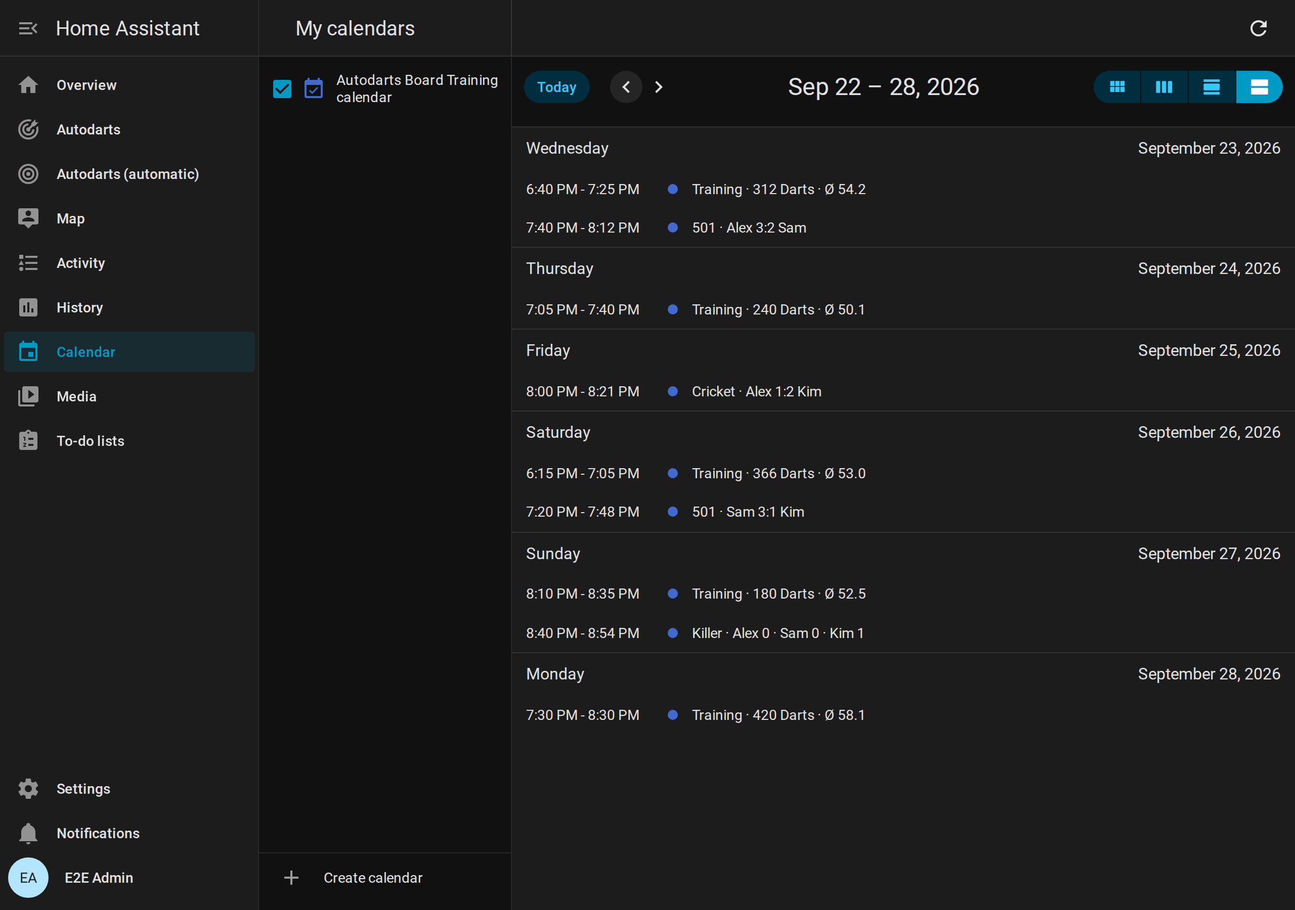 Home Assistant's calendar with a week of training sessions and practice matches of Alex, Sam and Kim