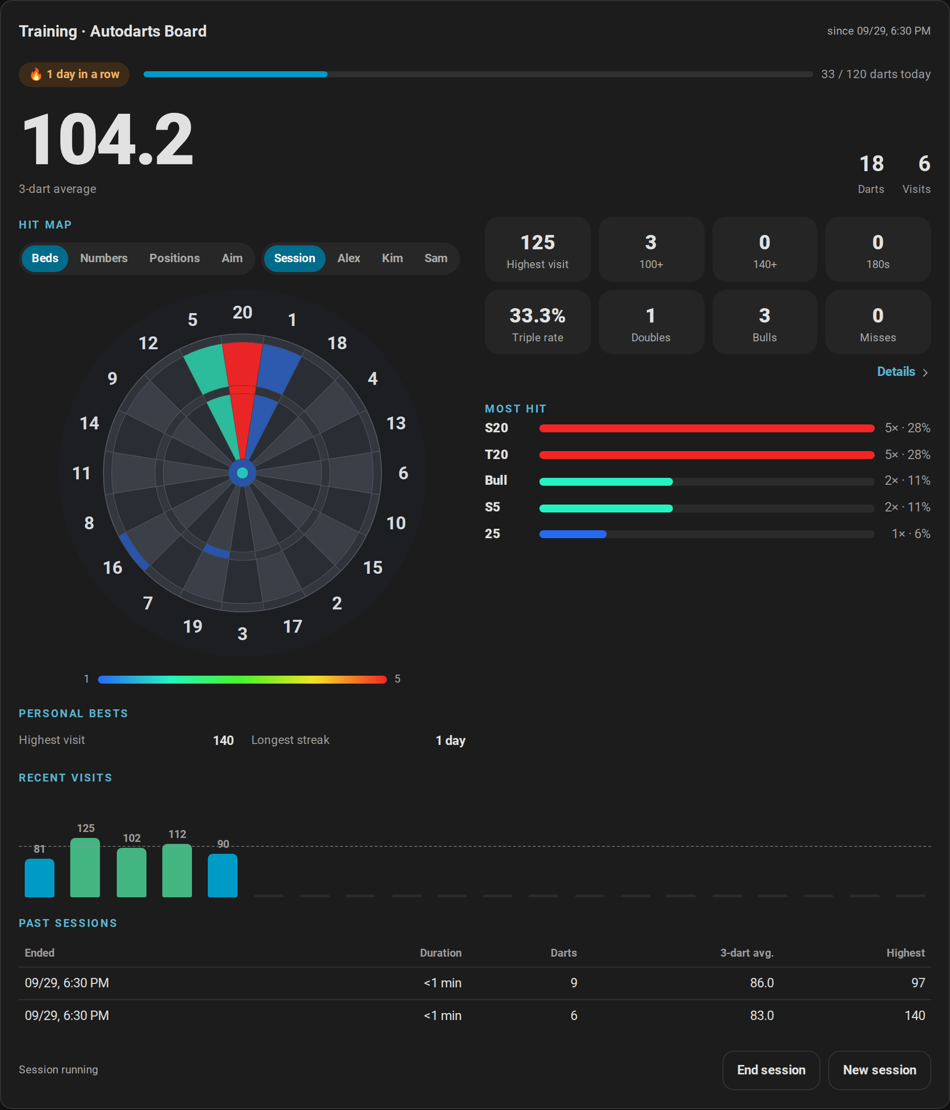 Training card with 3-dart average, heatmap, statistics tiles, most hit beds, personal bests and recent visits