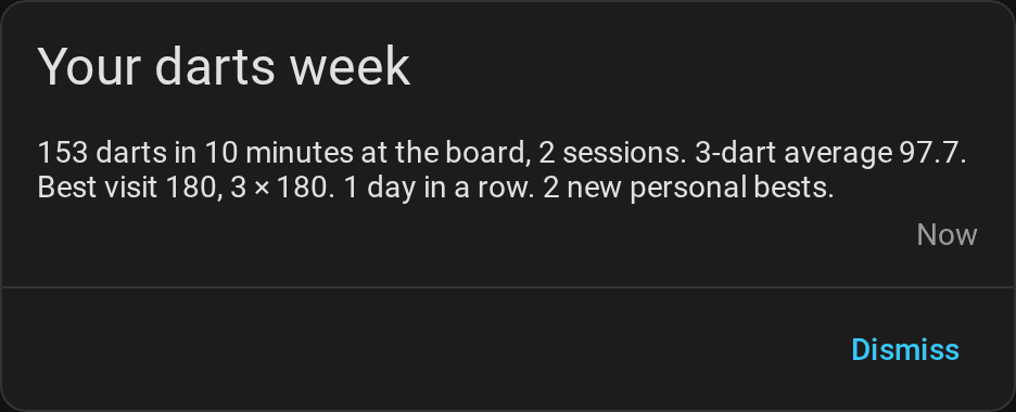The notification Your darts week in Home Assistant with the darts, sessions, 3-dart average, best visit and streak of the week