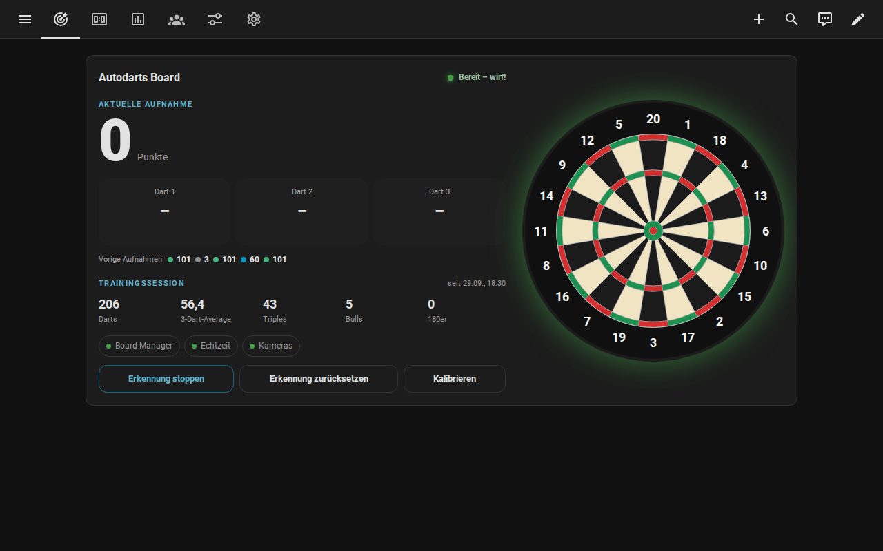 Die Live-Karte im Dashboard von Home Assistant: die aktuelle Aufnahme, ihre drei Darts, die letzten Aufnahmen, die Trainingssession und das Board