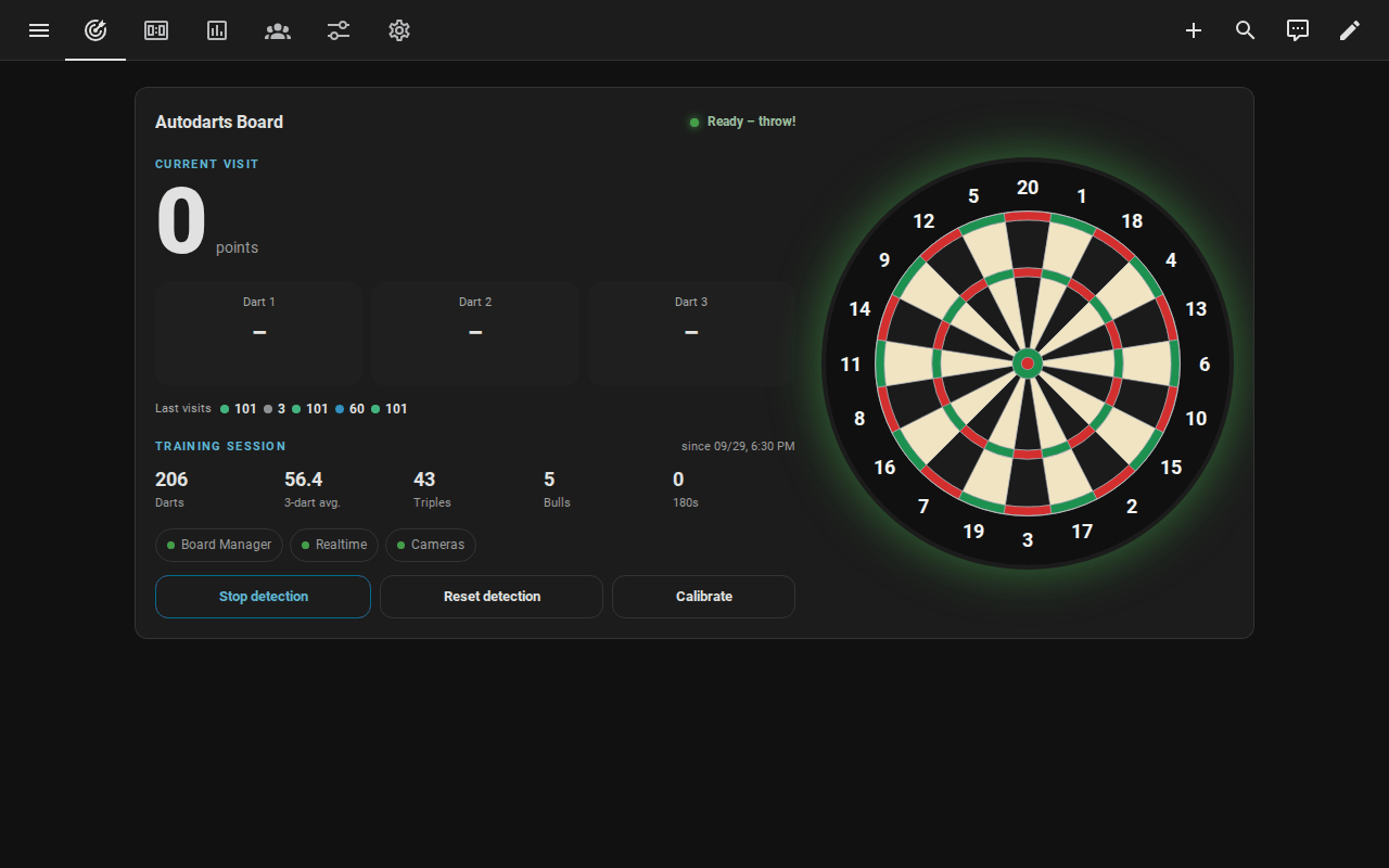 De livekaart op het dashboard van Home Assistant: de huidige beurt, de drie darts, de laatste beurten, de trainingssessie en het bord