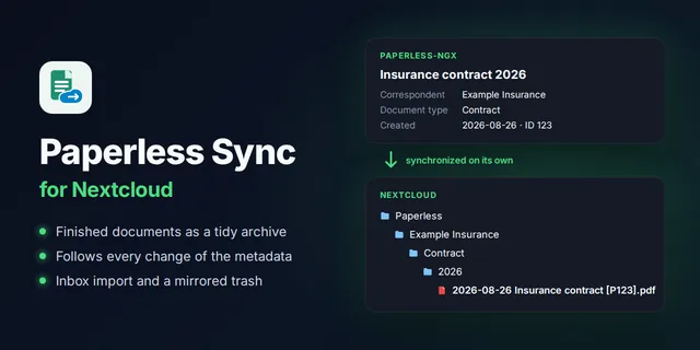 Ein Versicherungsvertrag in Paperless-ngx, von selbst synchronisiert in die Nextcloud-Ordner Paperless, Example Insurance, Contract und 2026.