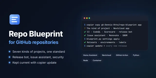 Ein Terminal, das mit copier copy eine Nextcloud-App anlegt und die Einstellungen ihres Repositorys anwendet, über den Arten von Projekten des Blueprints.