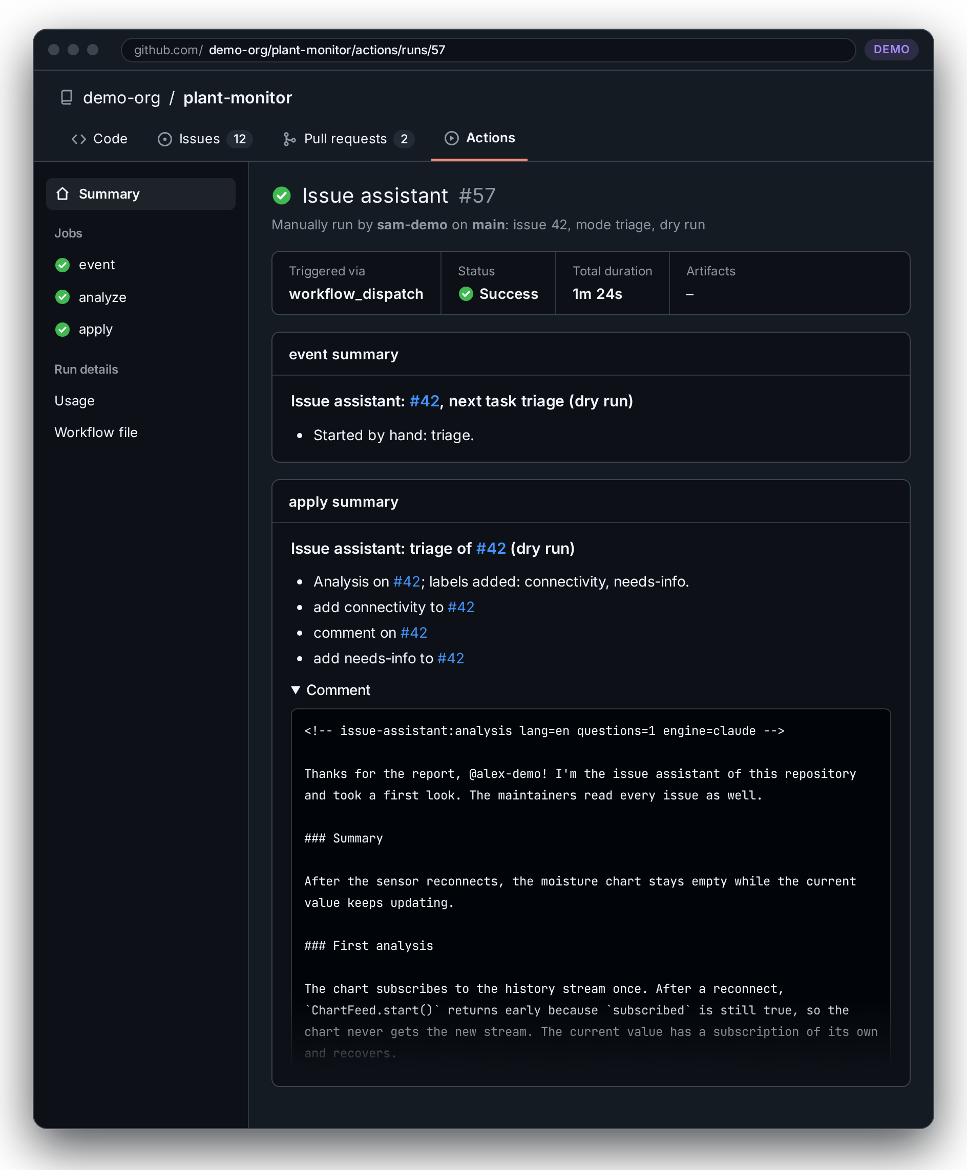A run of the Issue assistant workflow by hand on a demo project: the summary of the event job, and the summary of the apply job with the labels it would add and the comment it would post, as a dry run