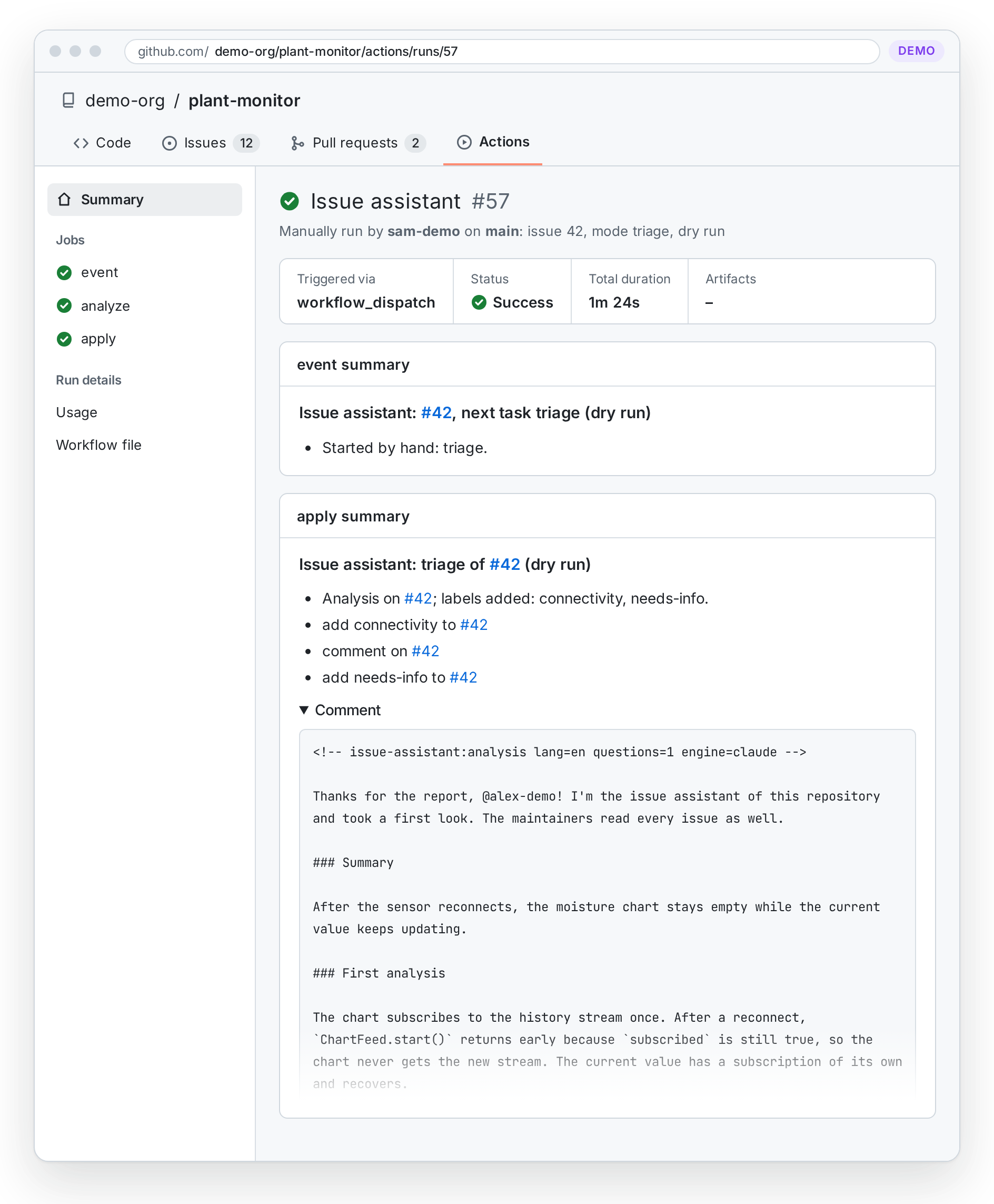A run of the Issue assistant workflow by hand on a demo project: the summary of the event job, and the summary of the apply job with the labels it would add and the comment it would post, as a dry run