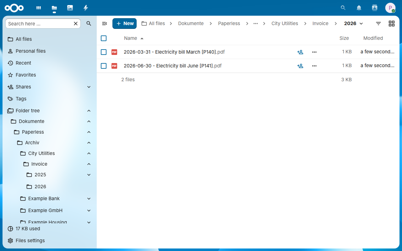 Nextcloud Files with the folder tree of the archive open down to City Utilities, Invoice, 2026, which holds two electricity bills named by date, title and Paperless ID