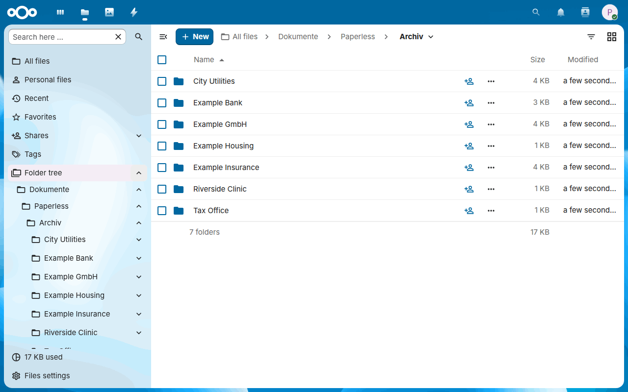 The archive in Nextcloud Files: from the folders of the correspondents through a correspondent, a document type and a year to a document of Paperless, which opens in the viewer of Nextcloud