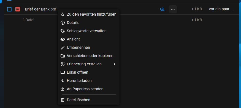 Nextcloud Dateien mit der Datei Brief der Bank.pdf im Ordner Scans und ihrem geöffneten Menü, das An Paperless senden unter den Aktionen von Dateien anbietet