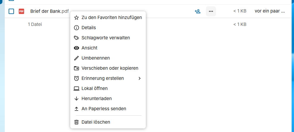 Nextcloud Dateien mit der Datei Brief der Bank.pdf im Ordner Scans und ihrem geöffneten Menü, das An Paperless senden unter den Aktionen von Dateien anbietet