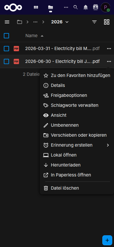 Nextcloud Dateien im Browser eines Handys mit dem geöffneten Menü der Kopie 2026-06-30 - Electricity bill June, das In Paperless öffnen unter den Aktionen von Dateien anbietet