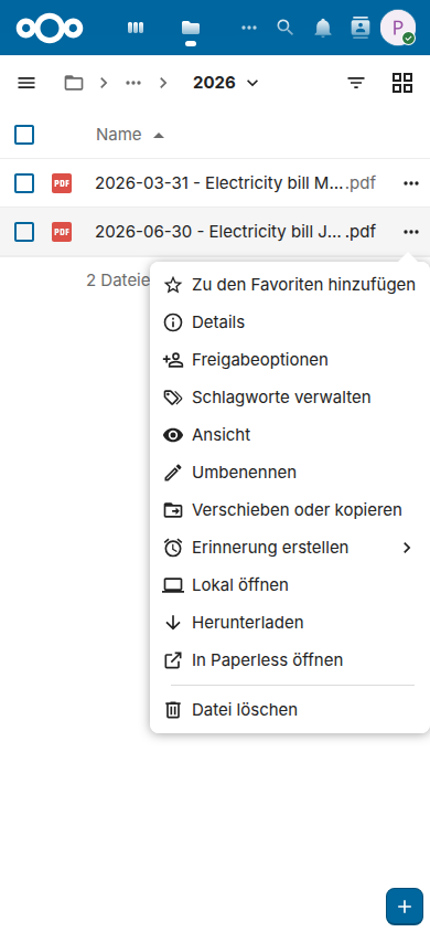 Nextcloud Dateien im Browser eines Handys mit dem geöffneten Menü der Kopie 2026-06-30 - Electricity bill June, das In Paperless öffnen unter den Aktionen von Dateien anbietet