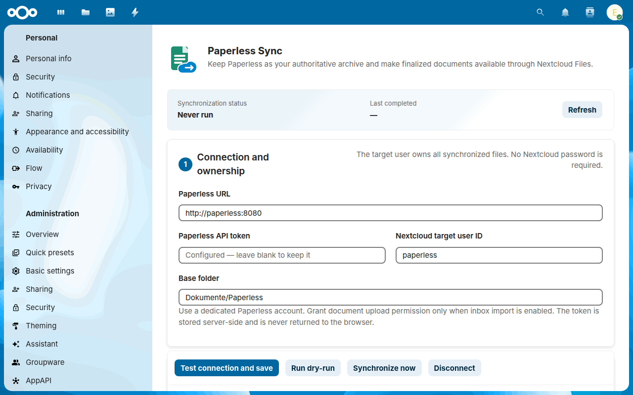 The settings of Paperless Sync: Run dry-run lists the documents that a run would export, then Synchronize now exports them and the status turns to completed