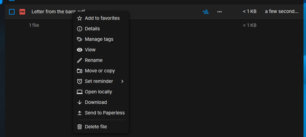 Nextcloud Files with the file Letter from the bank.pdf in the folder Scans and its menu open, which offers Send to Paperless among the actions of Files