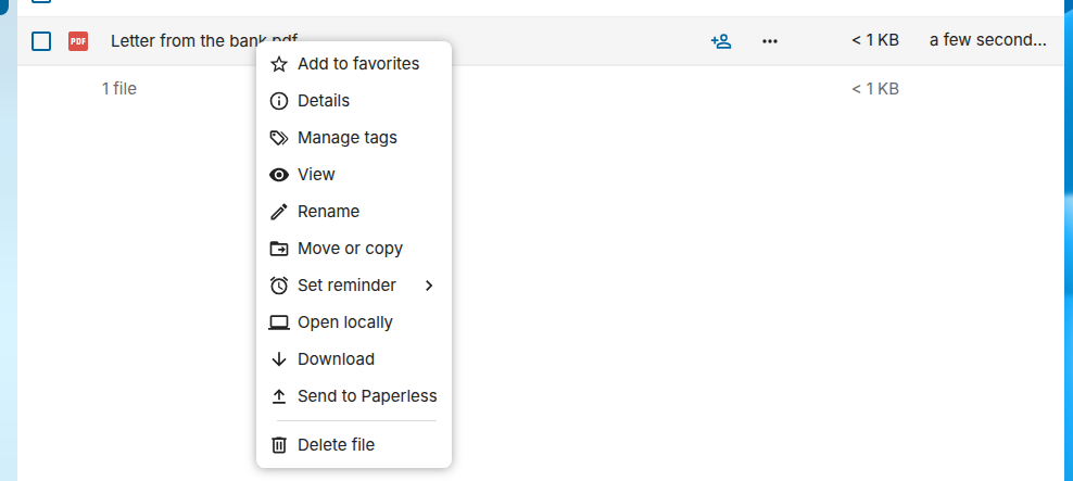 Nextcloud Files with the file Letter from the bank.pdf in the folder Scans and its menu open, which offers Send to Paperless among the actions of Files