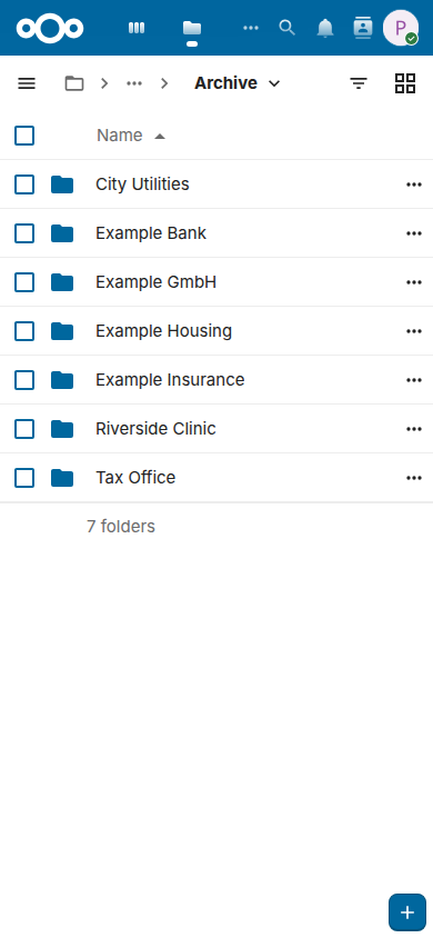 Nextcloud Files in the browser of a phone, in the folder Archive with a folder for each of its seven correspondents, from City Utilities and Example Bank to Riverside Clinic and Tax Office