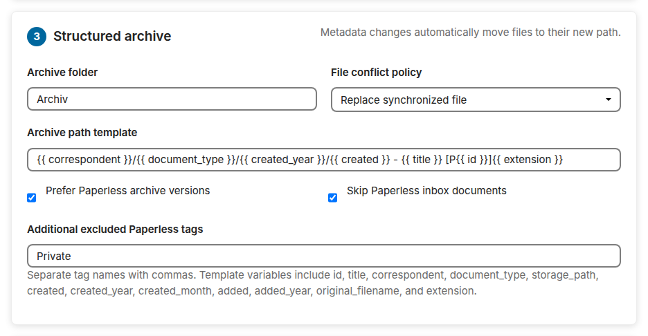 The section Structured archive: archive folder, file conflict policy, archive path template, the choice of the archive version, skipping inbox documents and the excluded tags