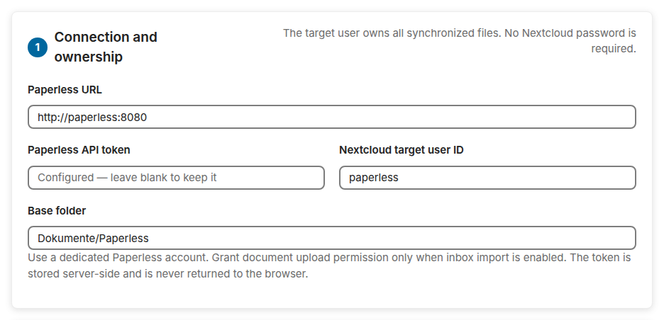 The section Connection and ownership: Paperless URL, Paperless API token, Nextcloud target user ID and base folder