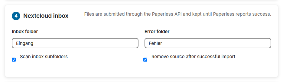 The section Nextcloud inbox: inbox folder, error folder, scanning the subfolders and removing the source after a successful import