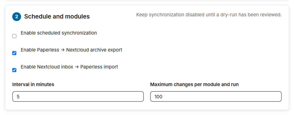 The section Schedule and modules: switches for the scheduled synchronization, the archive export and the inbox import, the interval in minutes and the maximum changes per module and run