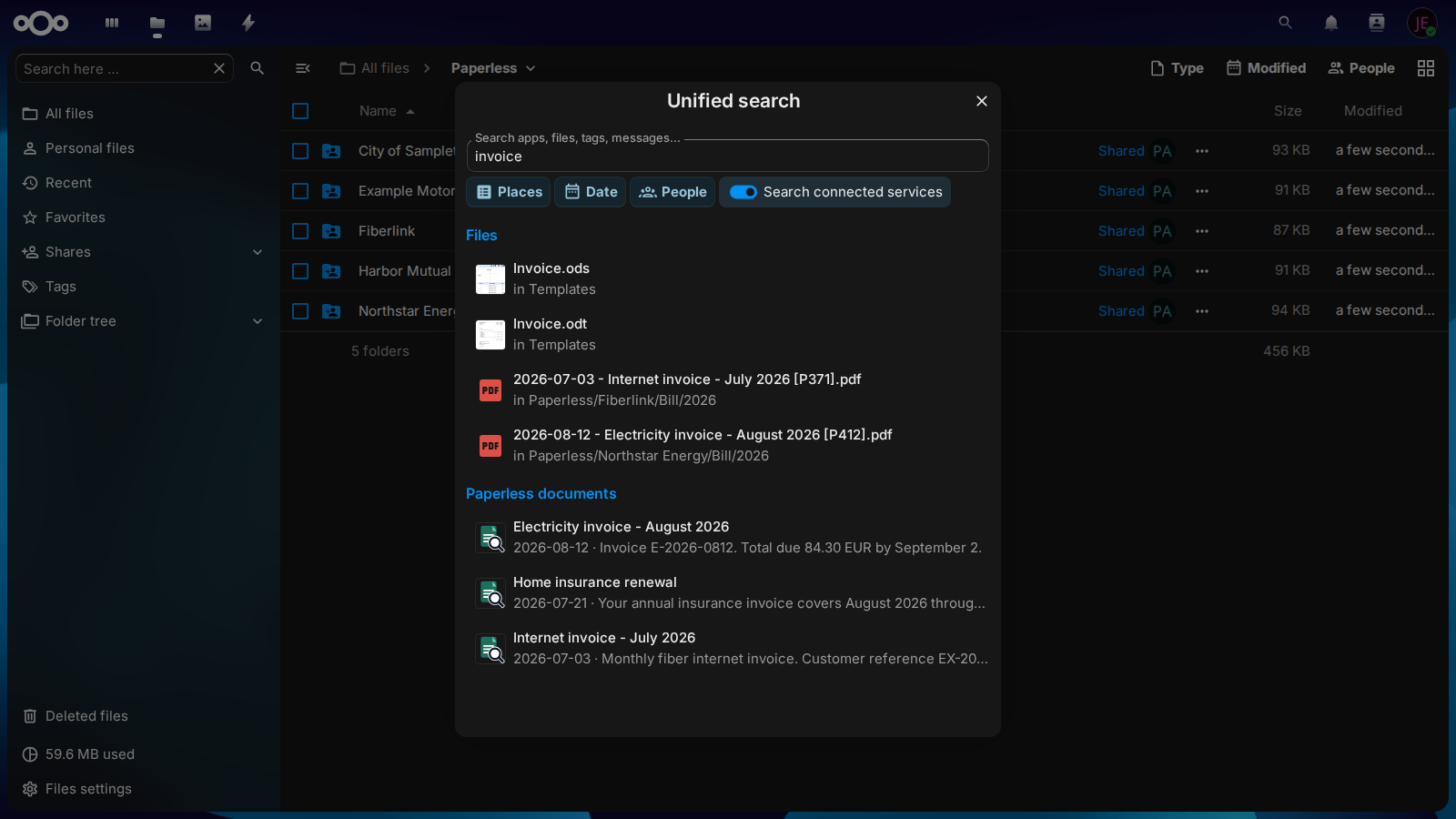 Paperless results in Nextcloud's global search