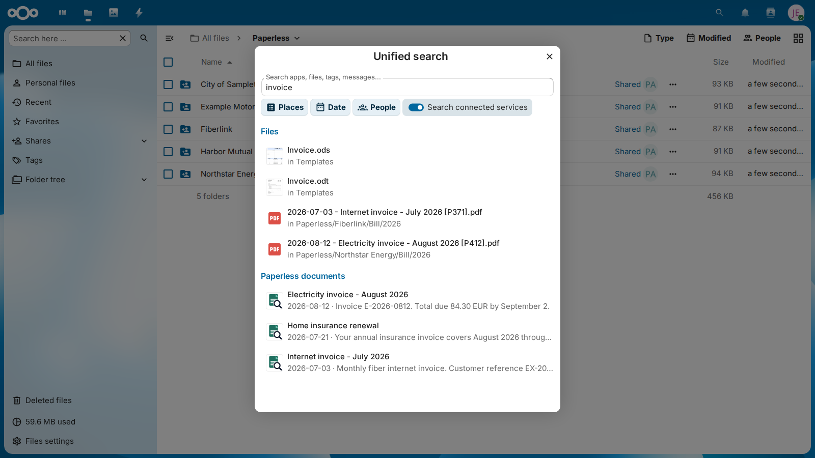Paperless results in Nextcloud's global search