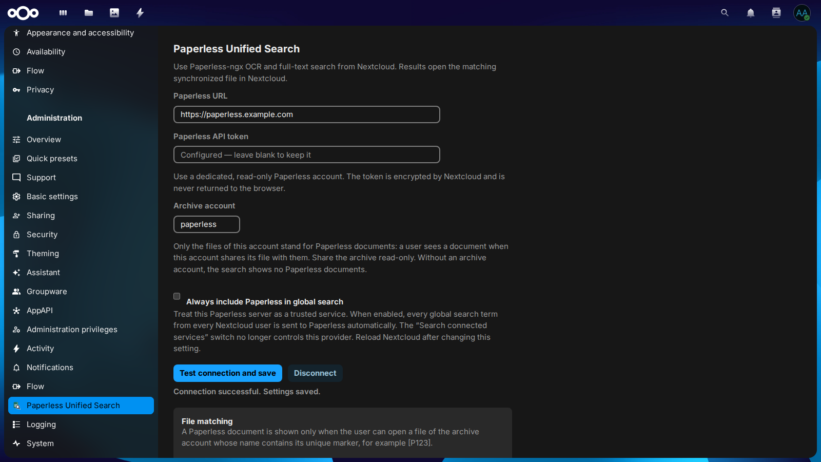 Paperless Unified Search administration settings in Nextcloud