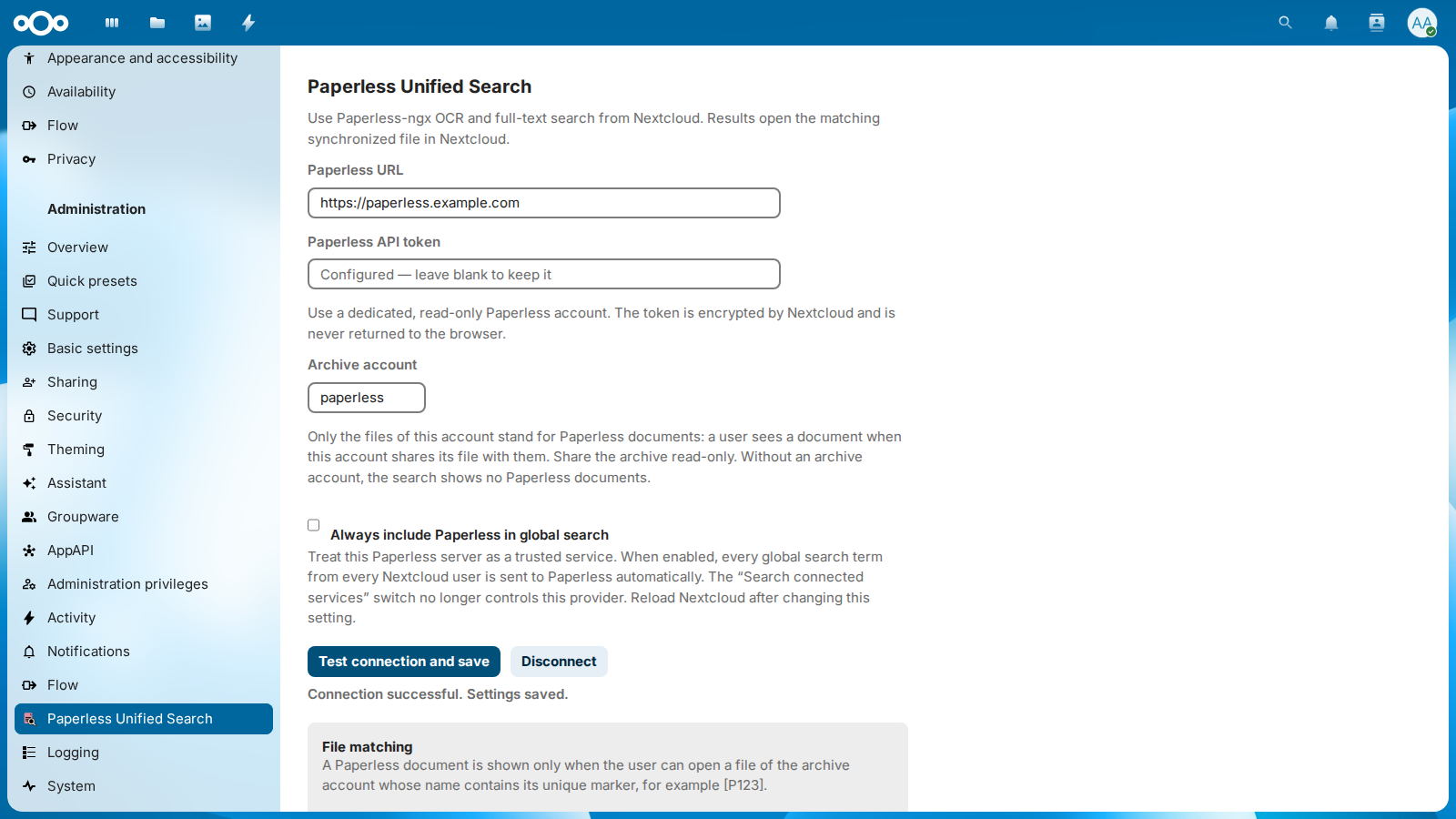 Paperless Unified Search administration settings in Nextcloud