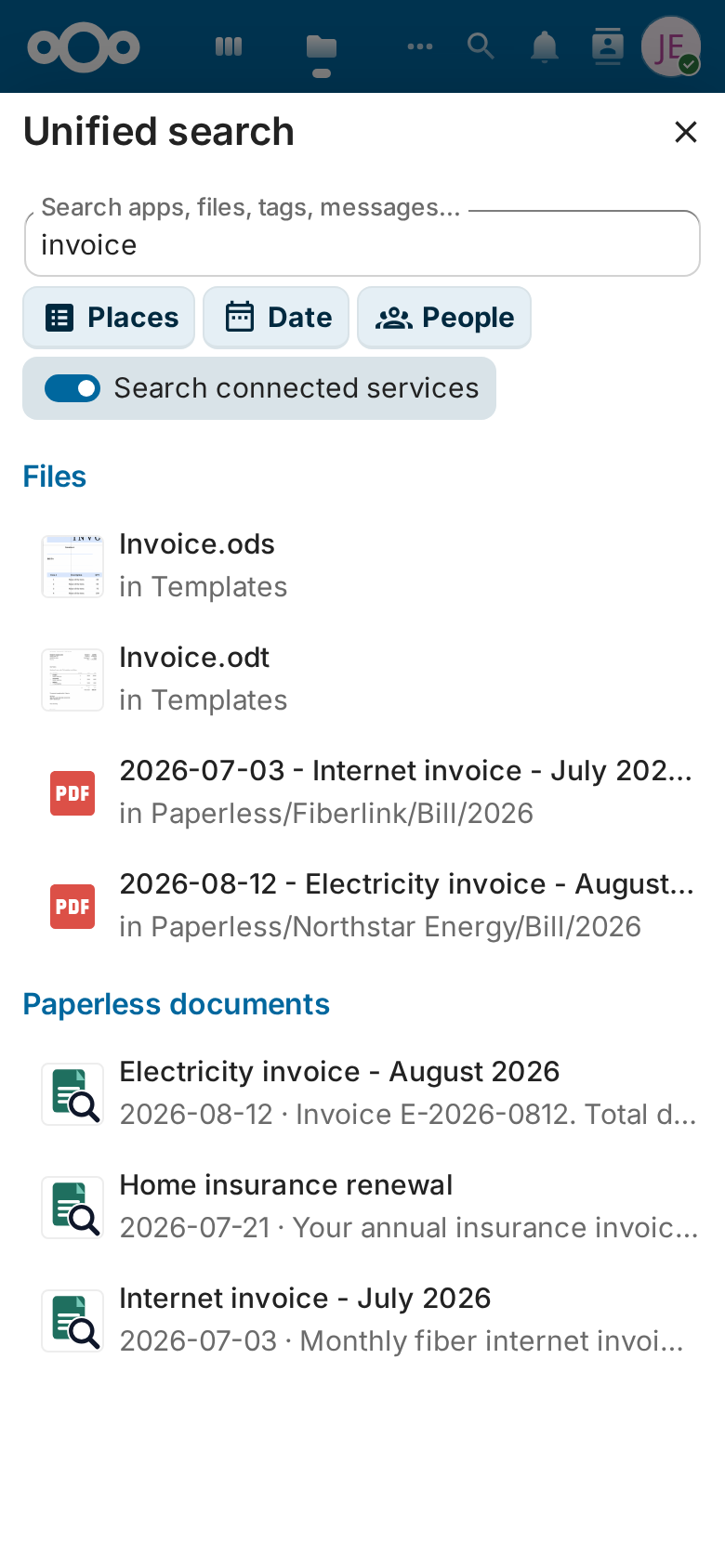Paperless results in the global search of Nextcloud on a phone
