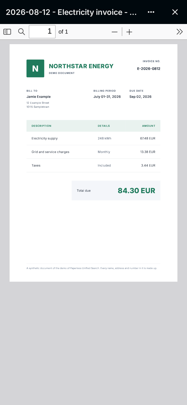 The electricity invoice opened in Nextcloud's viewer on a phone