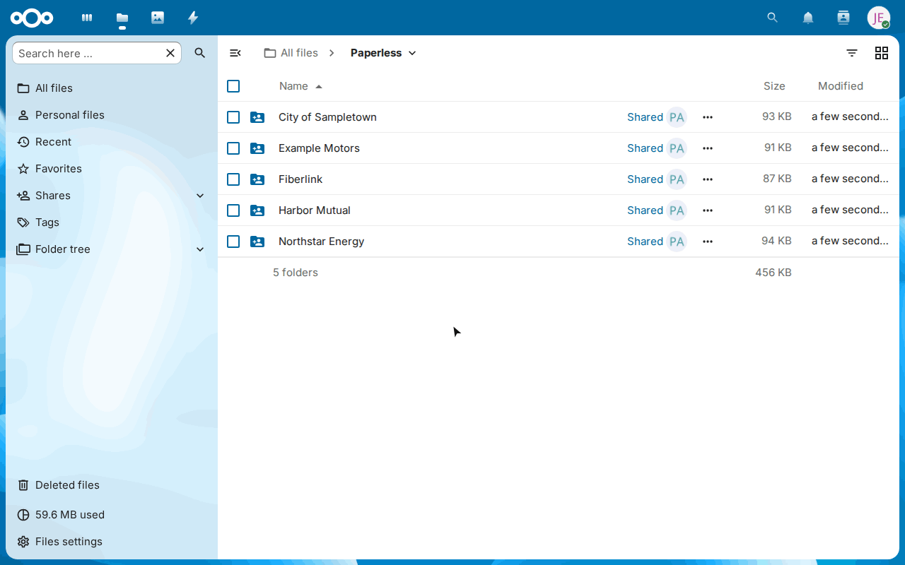 A search for "invoice" in Nextcloud: the files whose names match, then, with Search connected services switched on, the Paperless documents whose text matches. The home insurance renewal opens in Nextcloud's viewer.