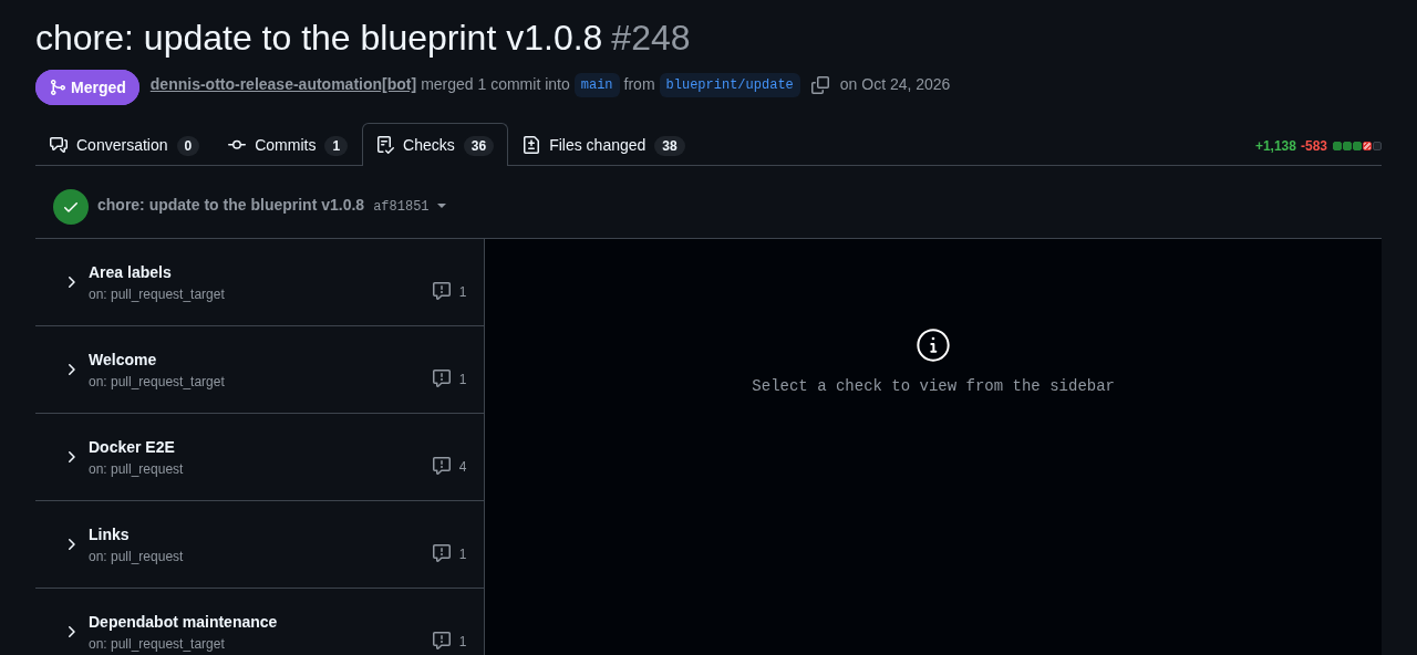 The pull request chore: update to the blueprint v1.0.8, number 248 of paperless-sync, merged by the release app from blueprint/update into main, on its tab Checks with 36 workflows and the green mark of the commit, the first being Area labels, Welcome, Docker E2E, Links and Dependabot maintenance