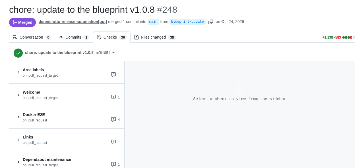 The pull request chore: update to the blueprint v1.0.8, number 248 of paperless-sync, merged by the release app from blueprint/update into main, on its tab Checks with 36 workflows and the green mark of the commit, the first being Area labels, Welcome, Docker E2E, Links and Dependabot maintenance
